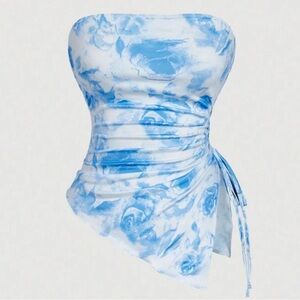 SHEIN Blue and White Strapless Blouse